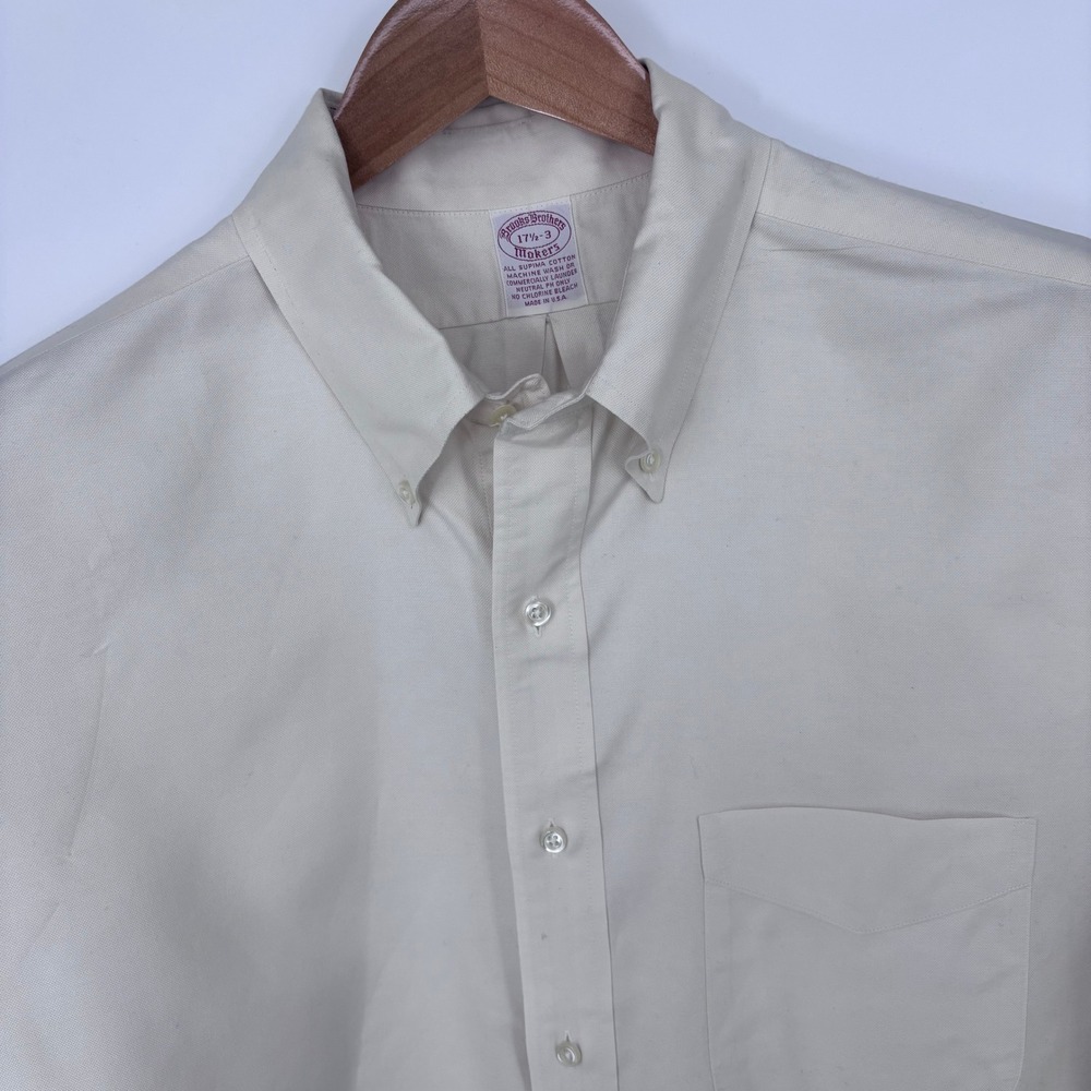 Vintage Brooks Brothers Makers Oxford Shirt Mens 17.5-3 Cream USA OCBD *FLAW